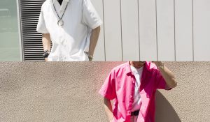 ” open collar shirt！ white/pink “